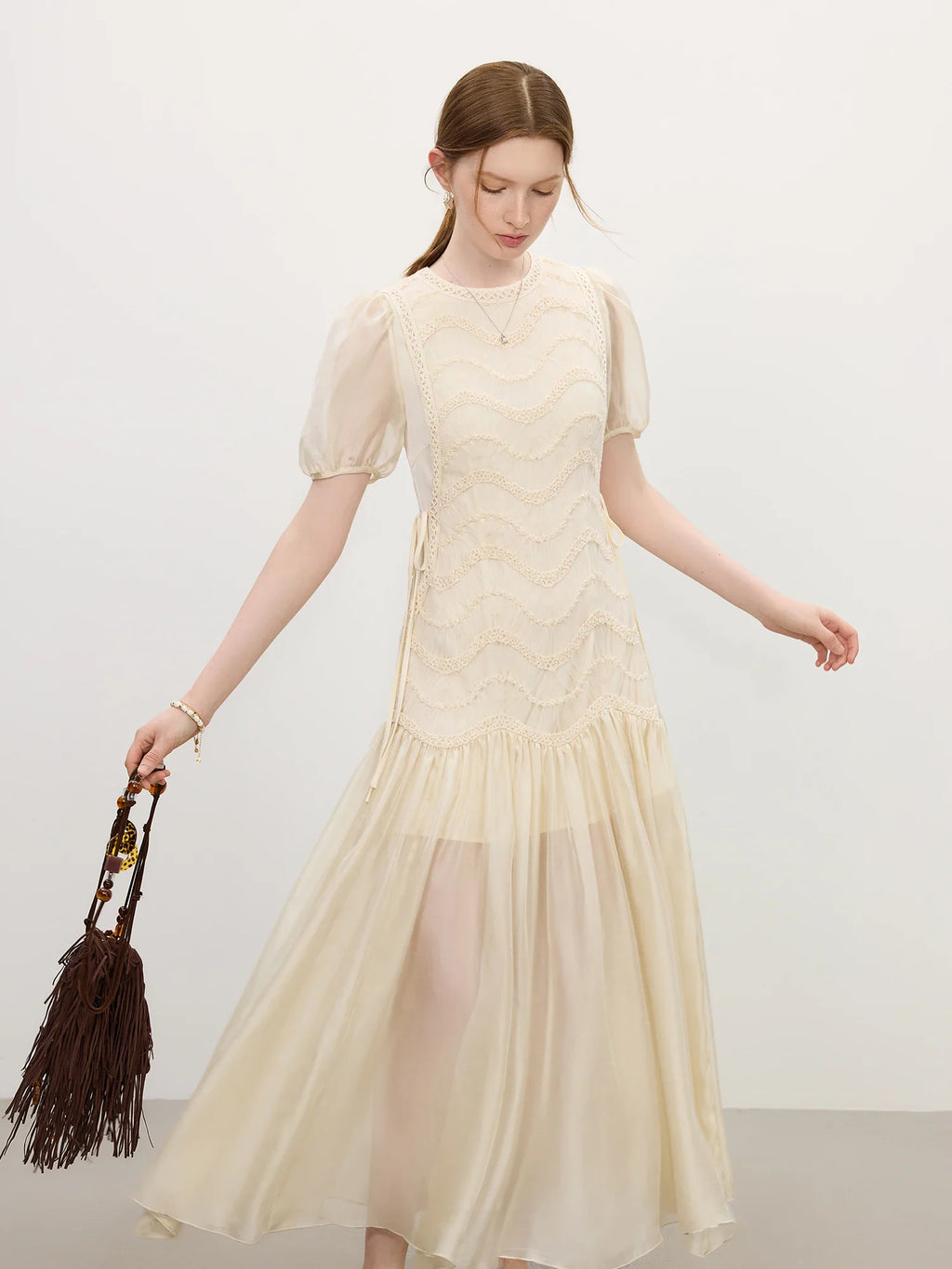 2025 Summer Women's Mesh Embroidery Dress Hollow Out Splicing Bubble Sleeves Waist Tie Y2K Trendy Boho Chic 25FS12832