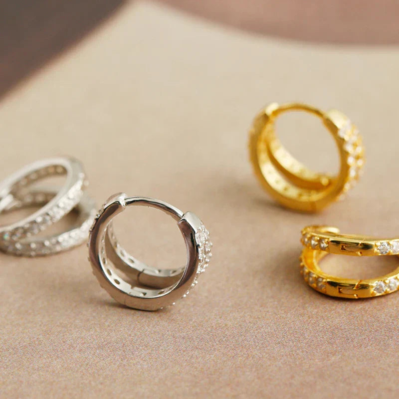 925 Sterling Silver Fashion Luxury Shiny Double Layer Zircon Huggies Hoop Earrings for Women Plated 18k Gold Fine Jewelry