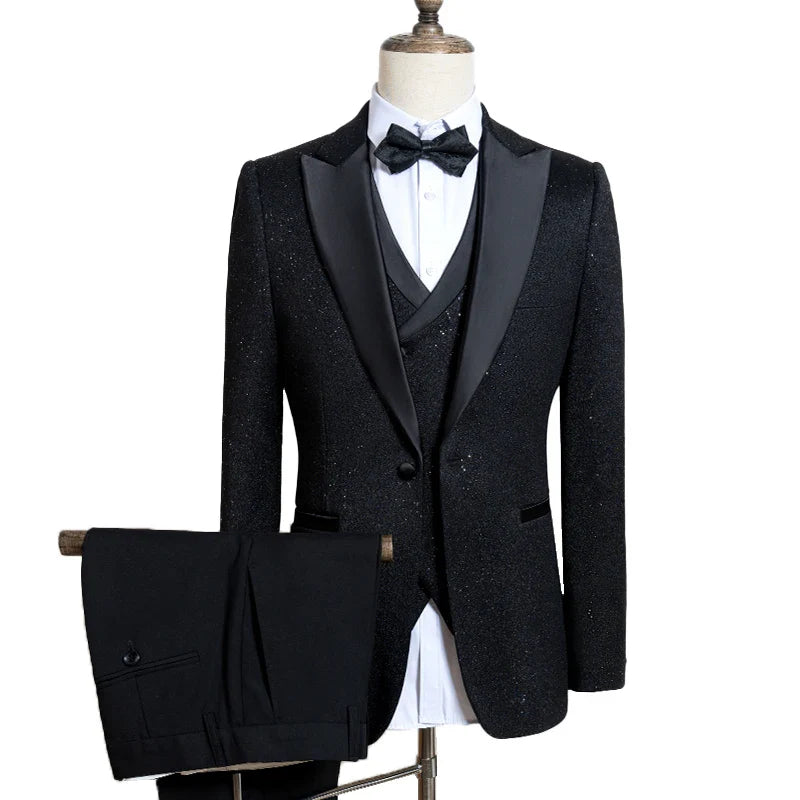 Luxury man suits high quality 3 pieces littering rhinestone embellishment Wedding Dress Shining flash diamond Tuxedo Dinner Suit