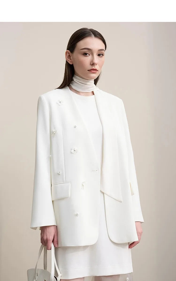 Amii Women's Jacket 2026 Autumn New Elegant Commuter Beaded Flower Chiffon Streamer Tie Blazers Solid Loose V-Neck Top 12641078