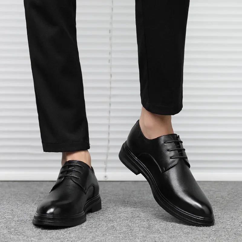 Men's Formal Business Shoes British Style Pointed Young Casual Shoes Thick Bottom Genuine Leather Increase Height Wedding Shoes
