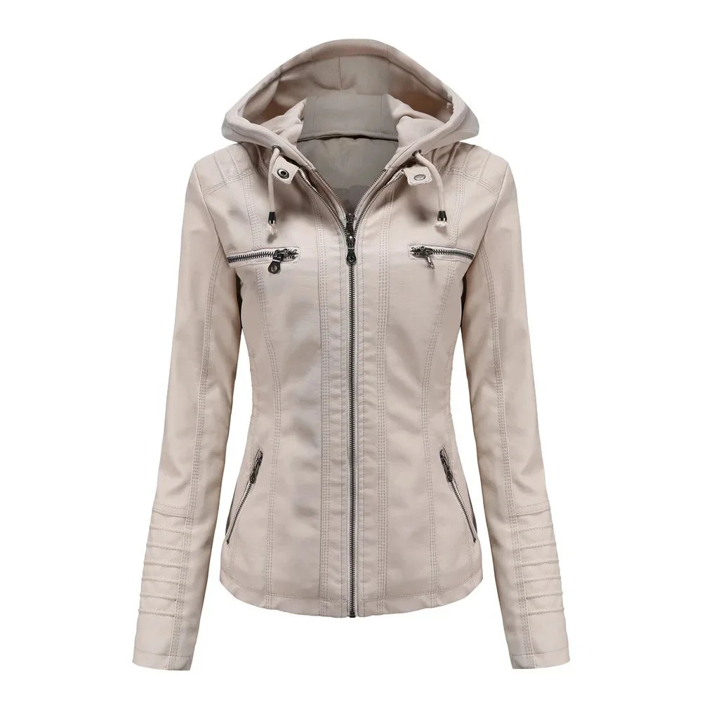 Women’s hooded jacket coat set, detachable design, faux leather, spring autumn, regular fit, L–XXL