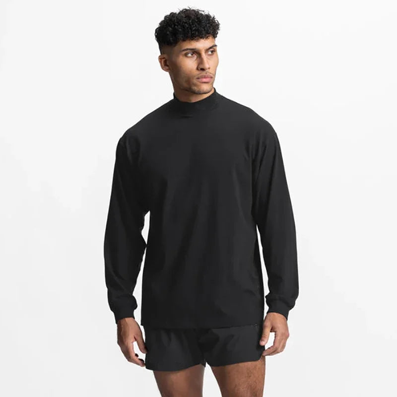 Oversized Long Sleeve Running T-shirts Mens Turtleneck Dropped Shoulder Loose Sports Fitness T Shirt Gym Bodybuilding Tops Tees