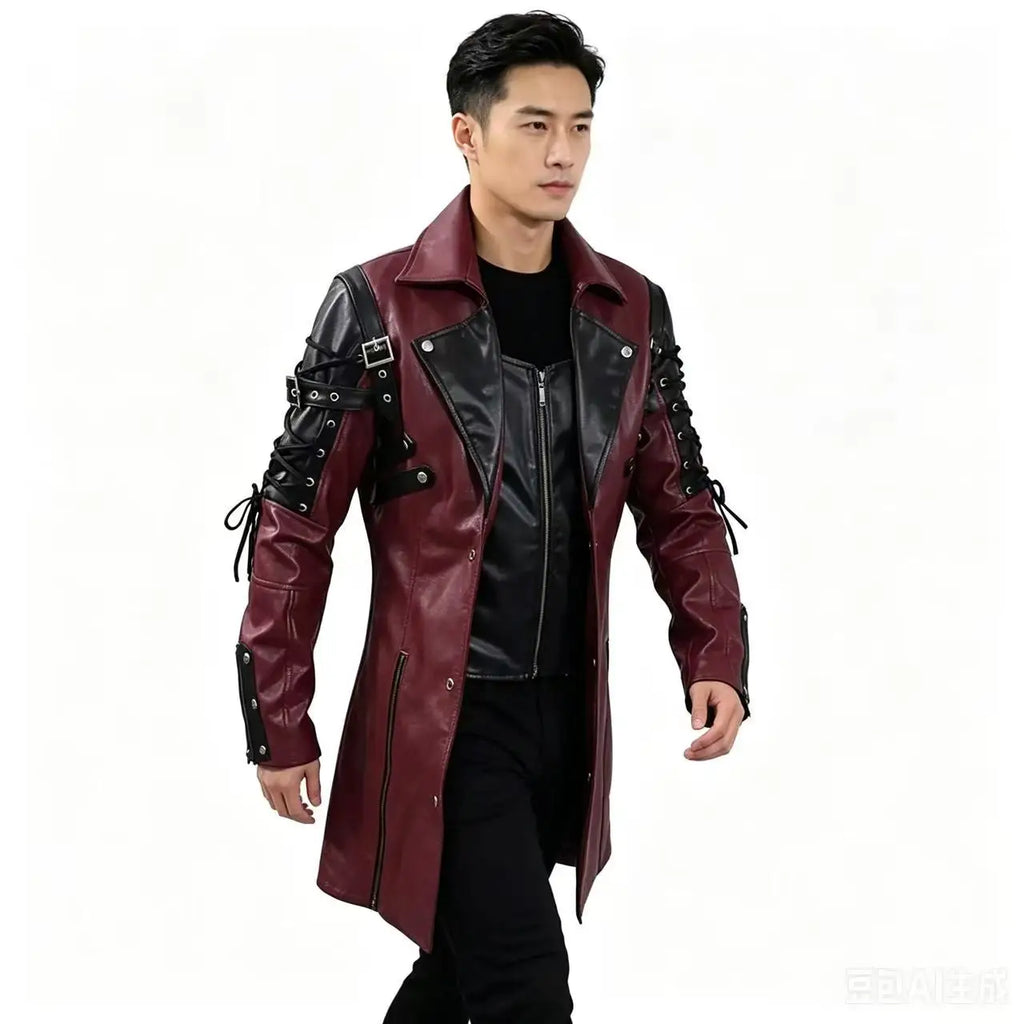 New Steampunk Men's Gothic Trench Coat Leather Jacket Punk Style Biker Jacke Autumn Winter Motocycle Jacket