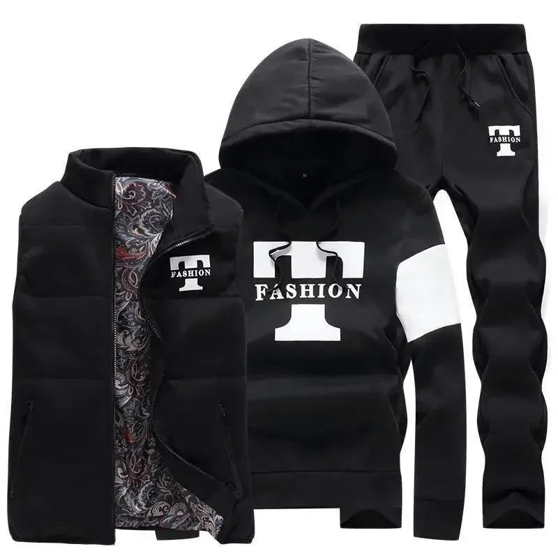 3 Pieces Set Hoodies+Vest+Pants Casual Track Suit Clothing Coats Winter Thick Warm Tracksuit for Couple Printed Mens Set Vest