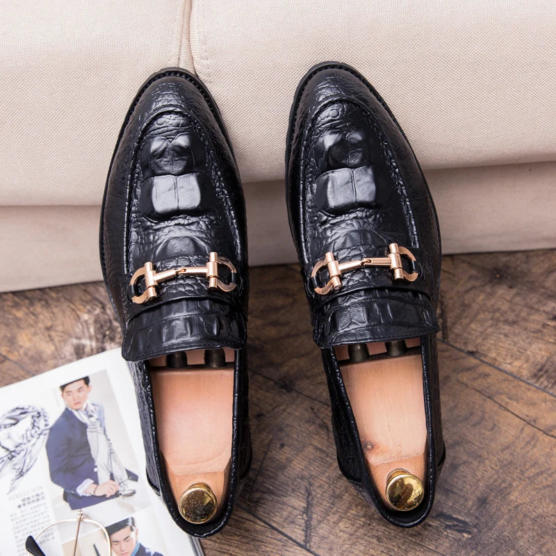 Men’s leather dress shoes pointed toe business casual formal metal detail black