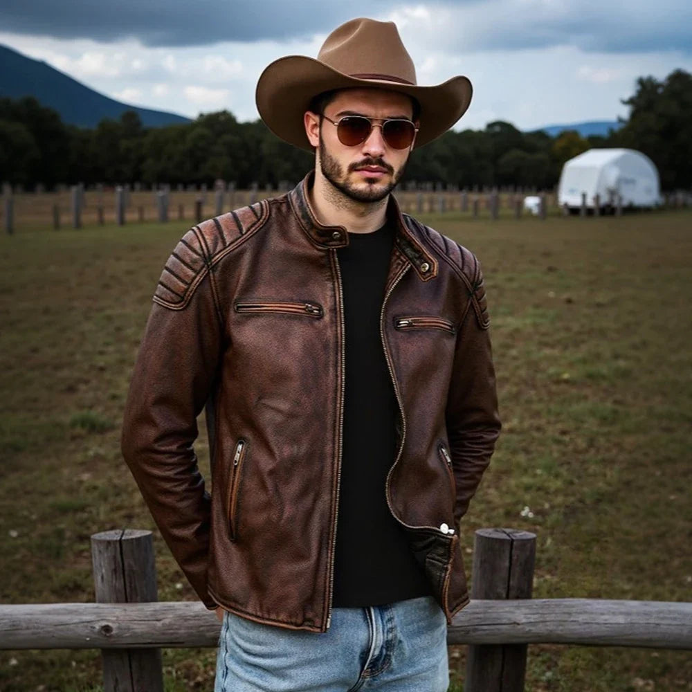 New 100% Cowhide Leather Jacket men Top Layer Clothes Men's Stand Collar Motorcycle Clothes  Autumn Winter Plus Size motorcycle