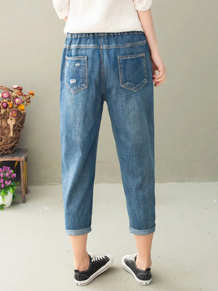 Vintage Floral Loose Denim Pants Chinese Style Casual Ripped Blue Jeans