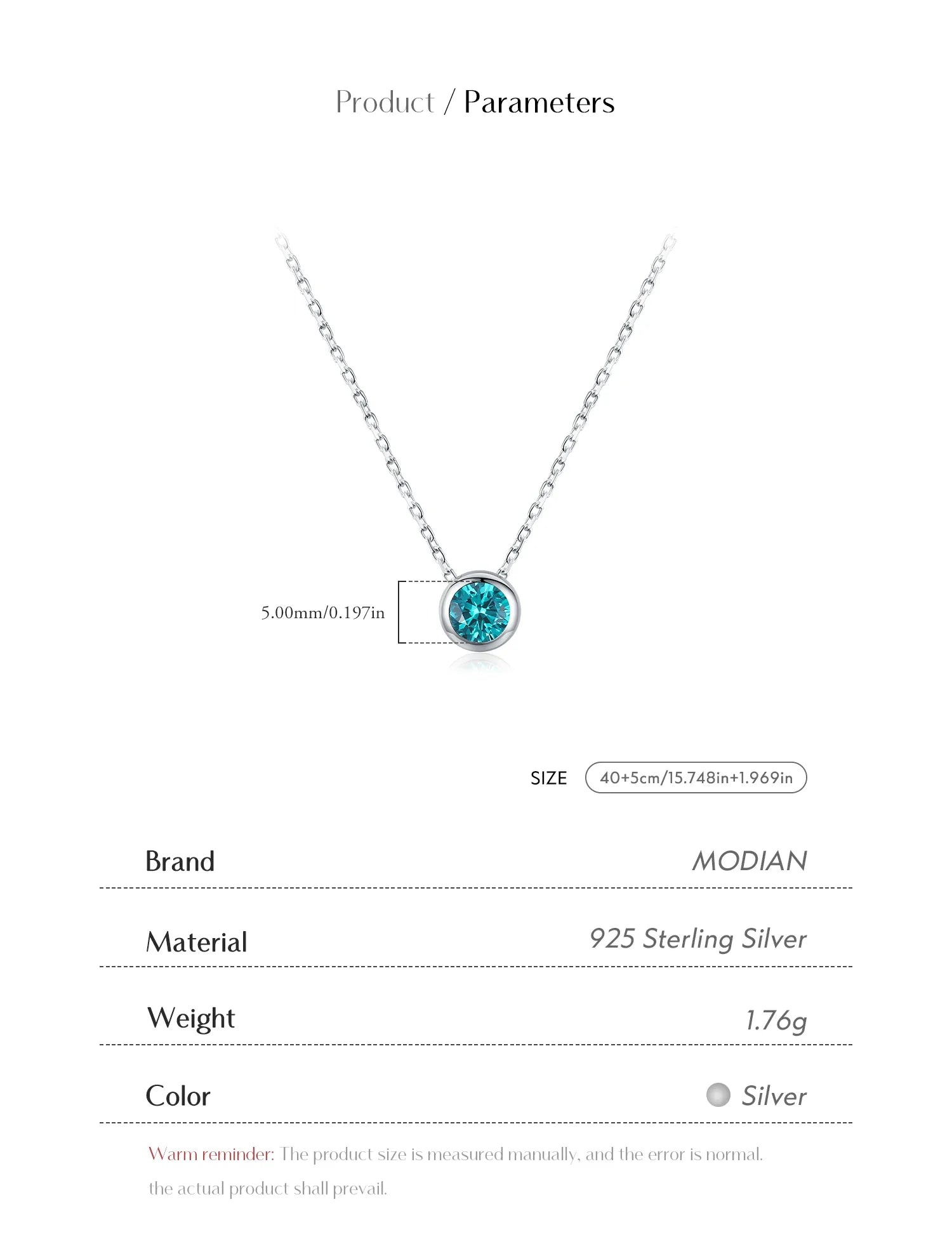 925 Sterling Silver Teal Round Zirconia Pendant Necklace White Gold Plated Neck Link Chain For Women Party Jewelry Gift