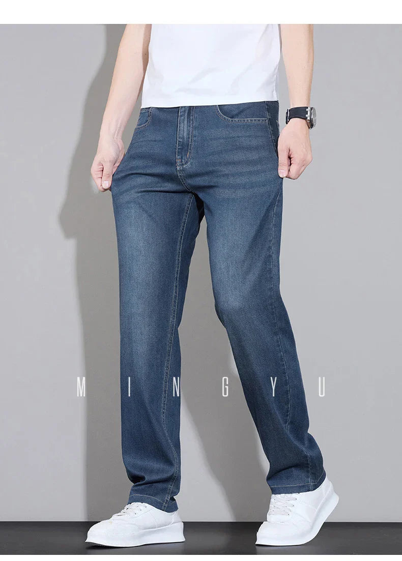 Spring Summer Brand Clothing Lyocell Fabric Men's Jeans Classic Business Straight Denim Pants Work Trousers Male Plus Size 29-40