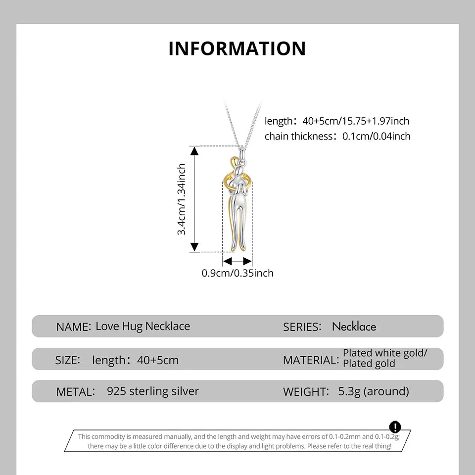 925 Sterling Silver Two-tones Hug Necklace, Detachable Sweet Love Pendant with O-chain for Women Men DIY Couple Necklaces