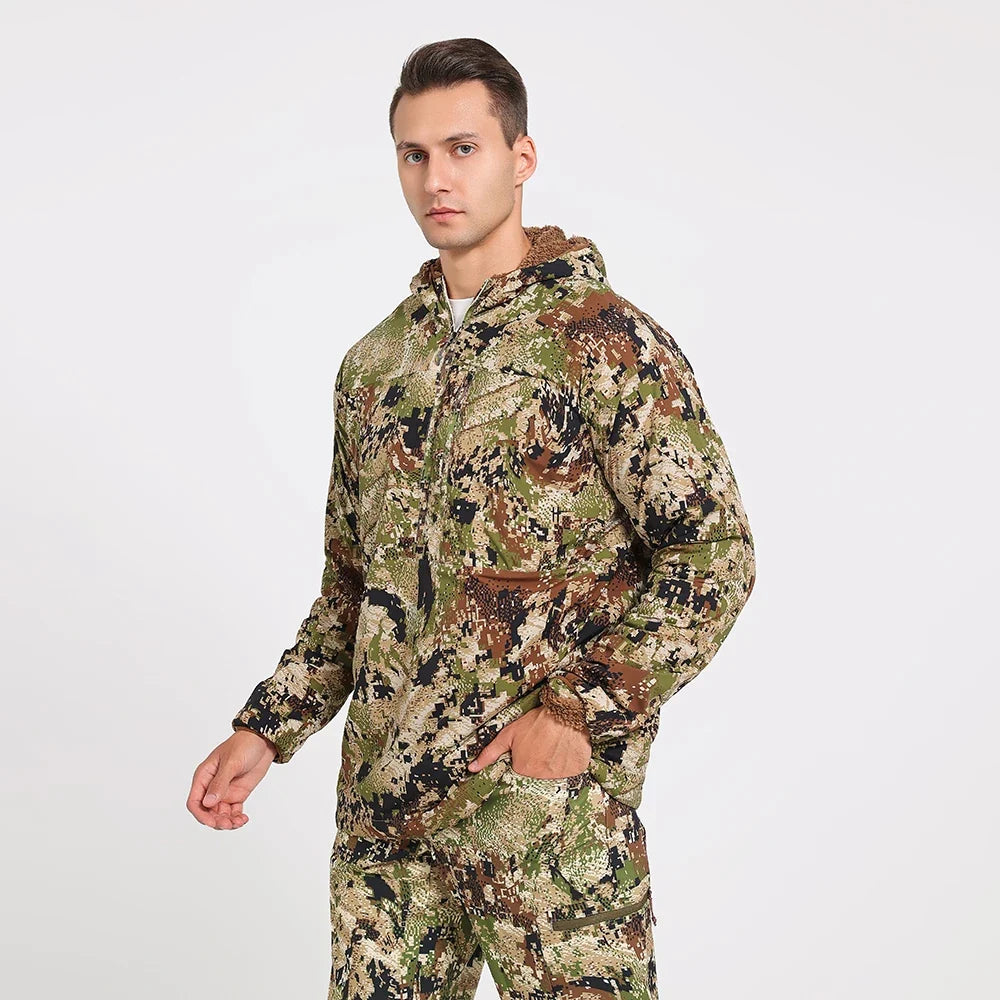 Men's Stretch Camouflage Jacket, Hunting Pullover, Light Nylon Fabric Printed Plush Lining Hoodie
