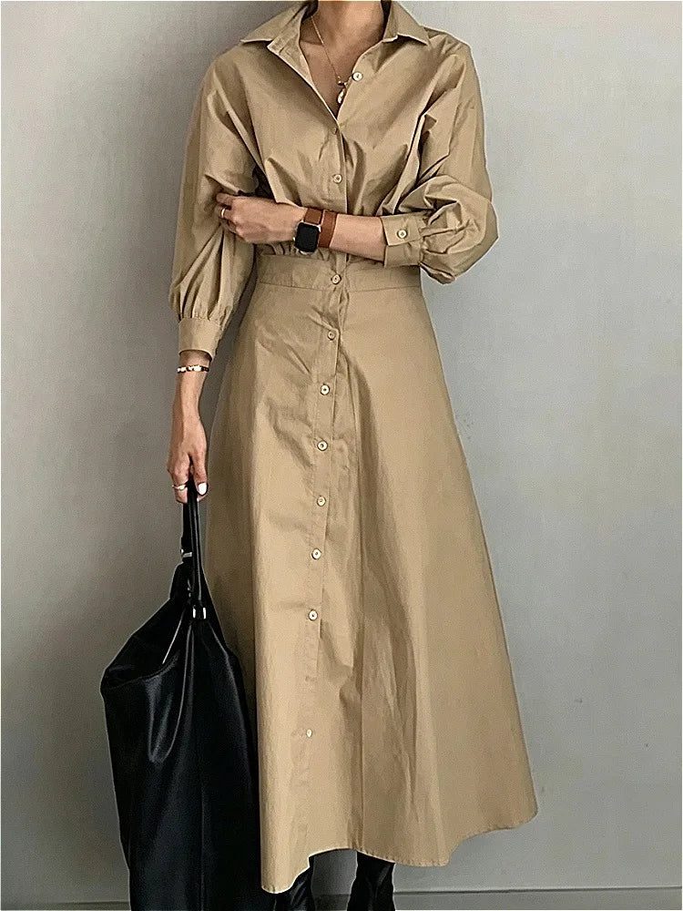 Women Casual Long Shirts Dresses 2025 Summer Spring Clothes Khaki Puff Sleeves Botton Simple Maxi Dresses for Women