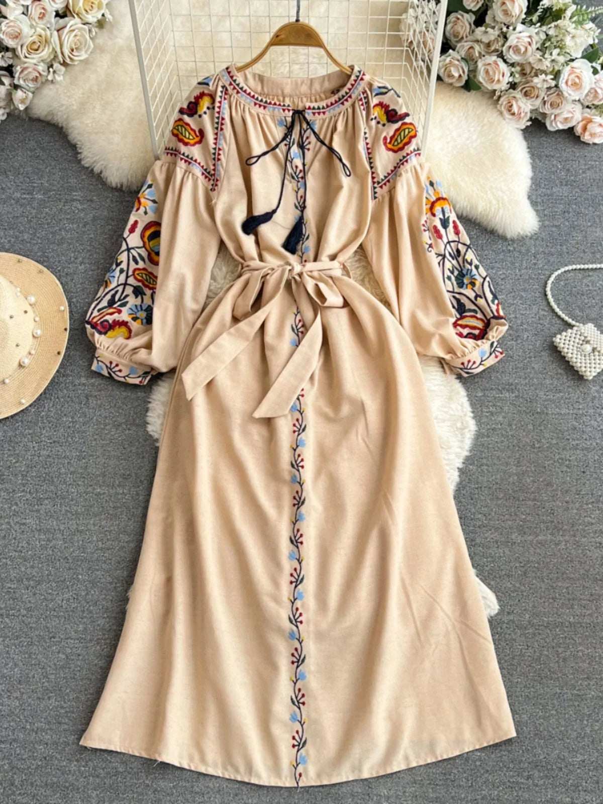 Retro Ethnic Sle Long Sve Embroidered round Ne A-Line Cotton Linen Dr Slimming Waist Cinched Ele Long Dr