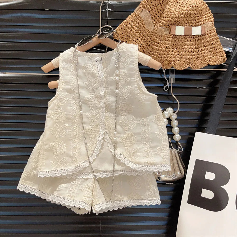 Girls Sleeveless Lace Vest + Shorts
