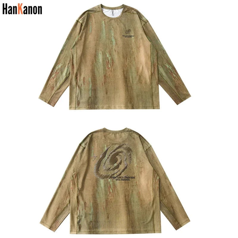 Men's Wasteland Style Long Sleeve T-Shirt - Distressed Digital Print & Loose Elastic Fit Casual Top Unisex