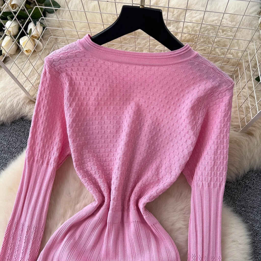 Brand Fashion Aesthetic Patchwork Knitted Maxi Dress Autumn Winter Women Luxury Shirt Sweater Dress Office Lady Vestido