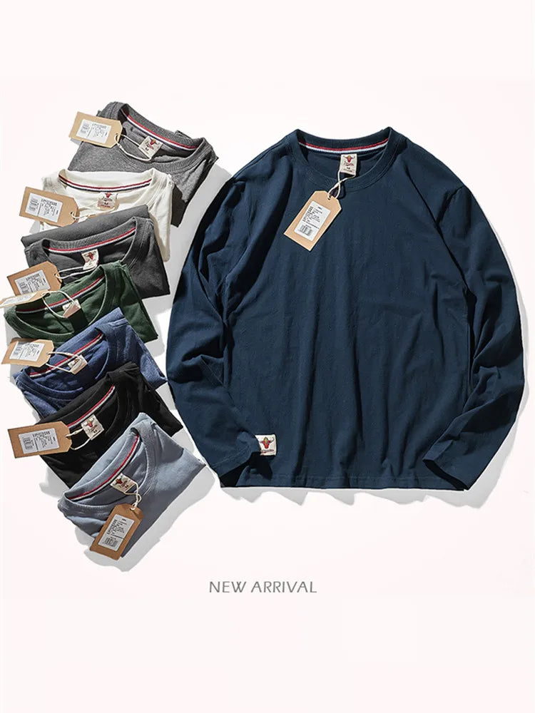 Autumn American Retro Long Sleeve O-neck Solid Color T-shirt Men's Fashion Simple 100% Cotton Washed Old Casual Bottoming Tops