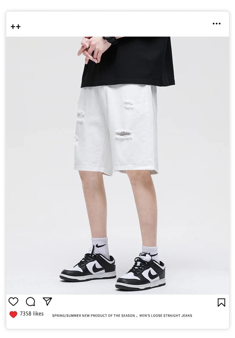 Summer New White Casual Men's Denim Shorts Ripped Fashion Loose Straight Street Bermuda Jeans Male Hole Short Pants