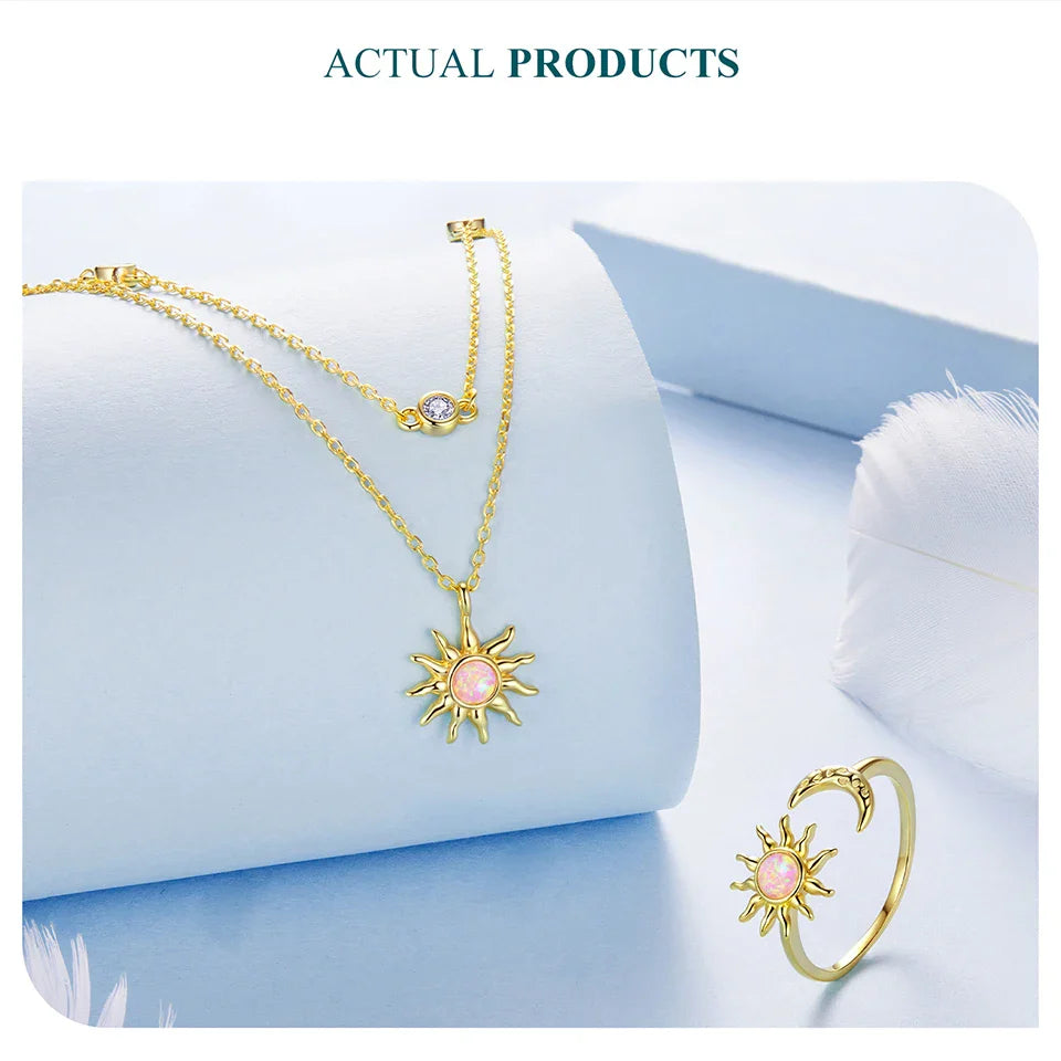 925 Sterling Silver Pink Opal Sun Double-layer Necklace Link Chain with Zircons 18K Gold Plated Pendant for Mother's Gift