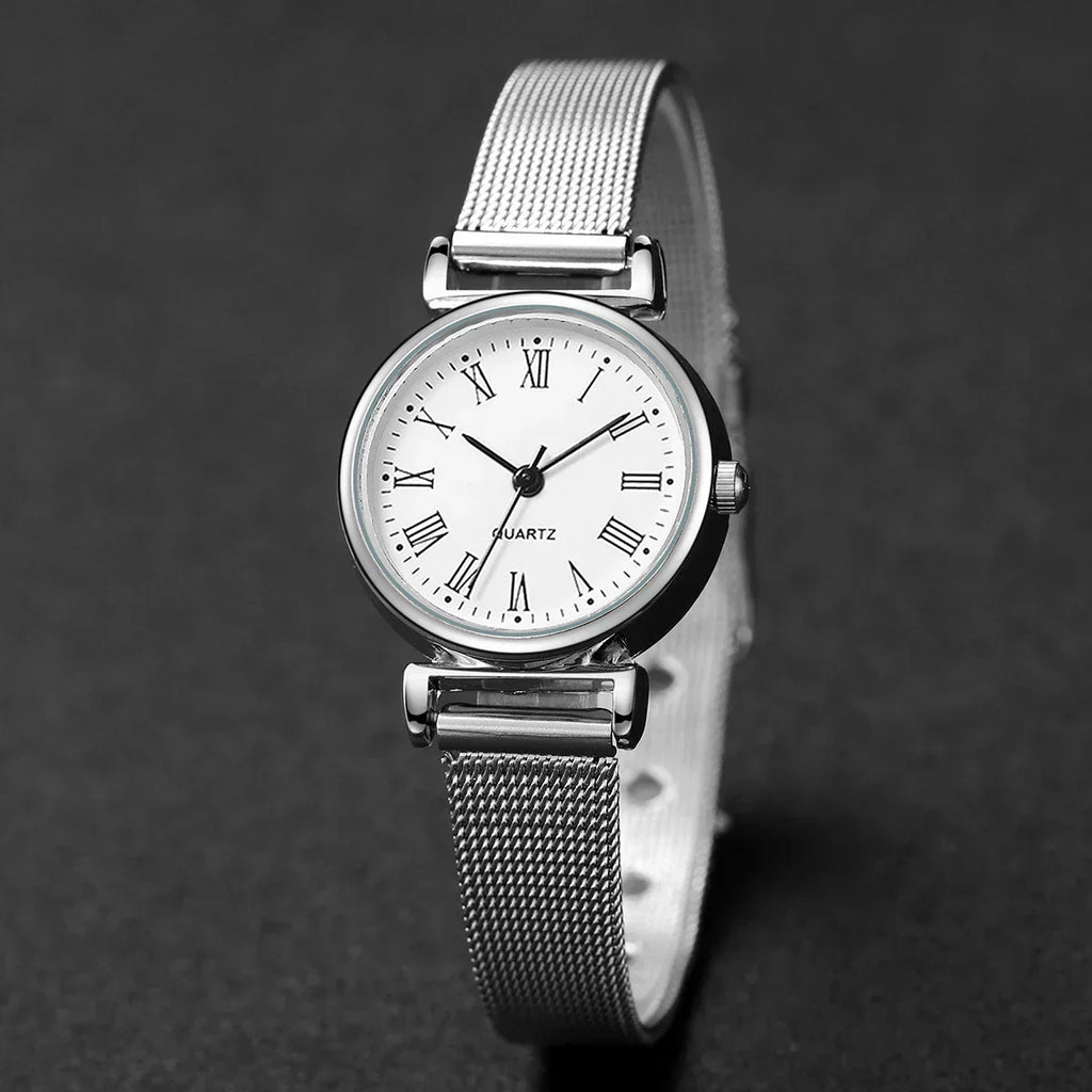 2PCS Fashion Women Quartz Watch Steel Mesh Band Watches Opening Cuff Bracelet Bangle Set（Without Box）
