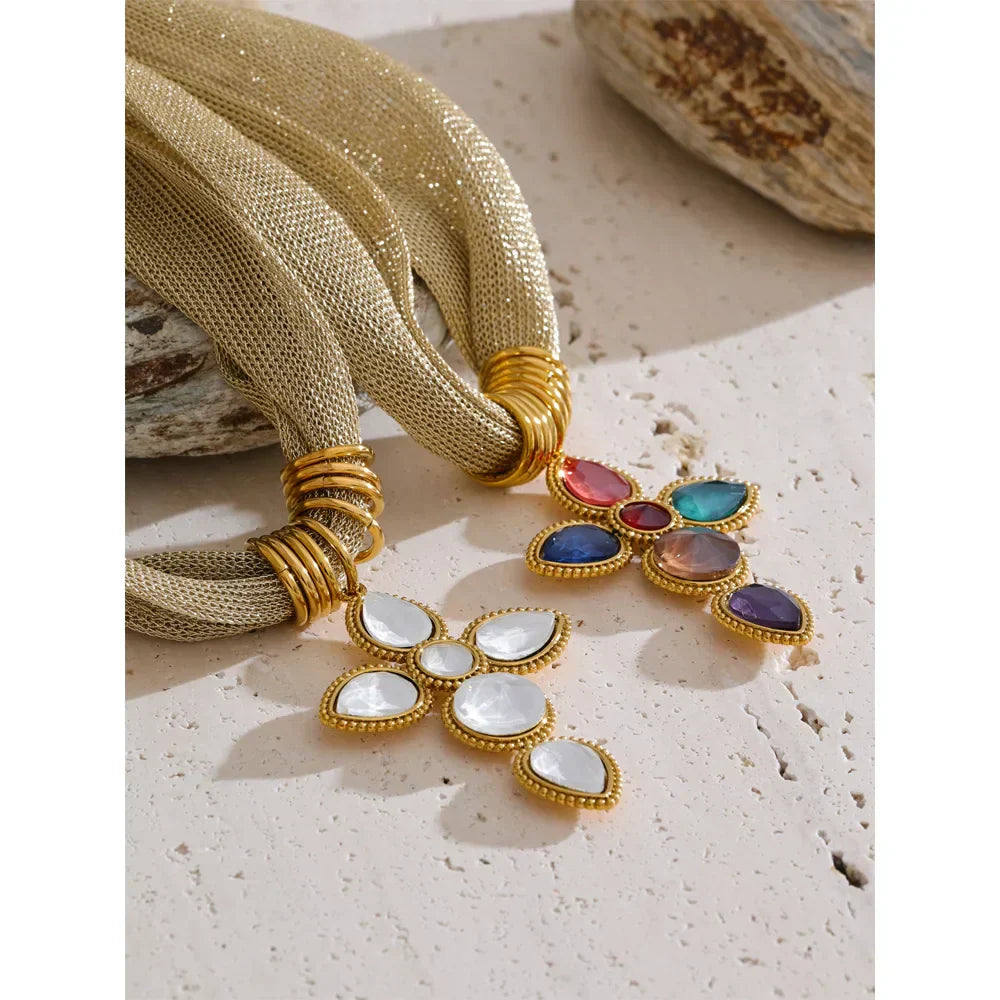 Yhpup White Colorful Shiny Glass Cross Pendant Necklace for Women Stainless Steel Polyester Chain Exquisite Jewelry Gift
