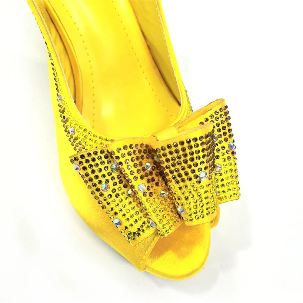 High Quality Yellow Color Fish Beaked Toe Cap Thin Heels Ladies Shoes Matching Bag