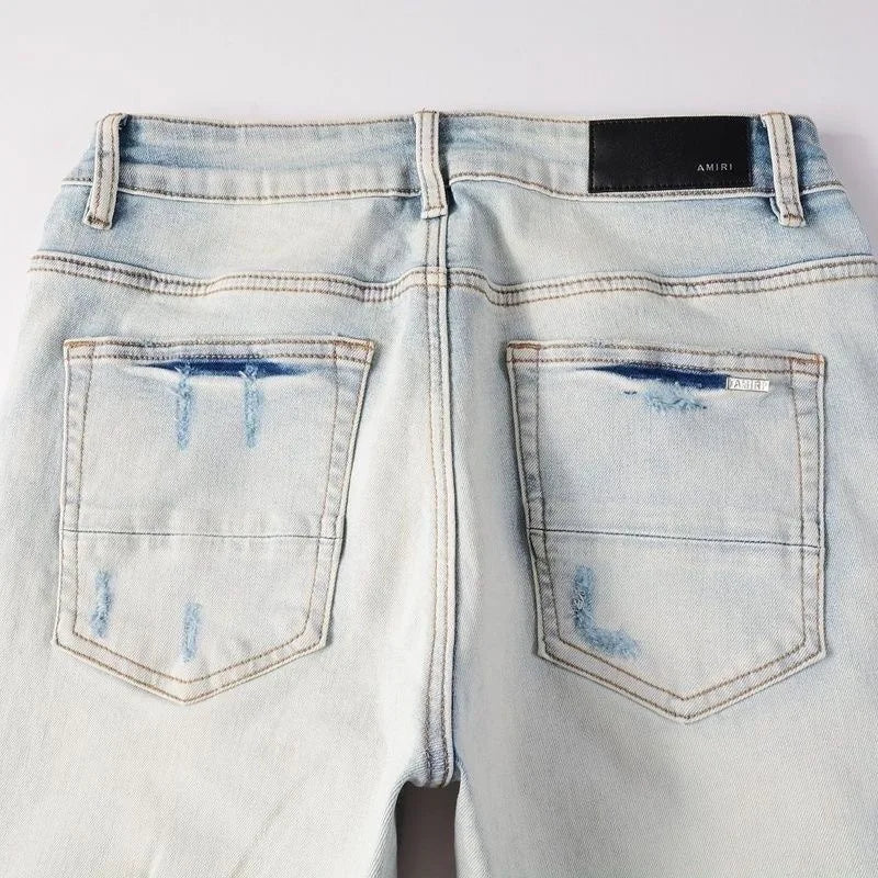 Spring and Autumn New Trend Solid Color Straight Tube Ripped Stretch Jeans Men Casual Comfortable Breathable High-Quality Jeans