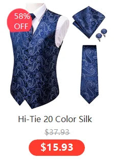 Silk Men's Vests and Tie Business Formal Dresses Slim Vest 4PC Necktie Hanky cufflinks for Suit Blue Paisley Floral Waistcoat