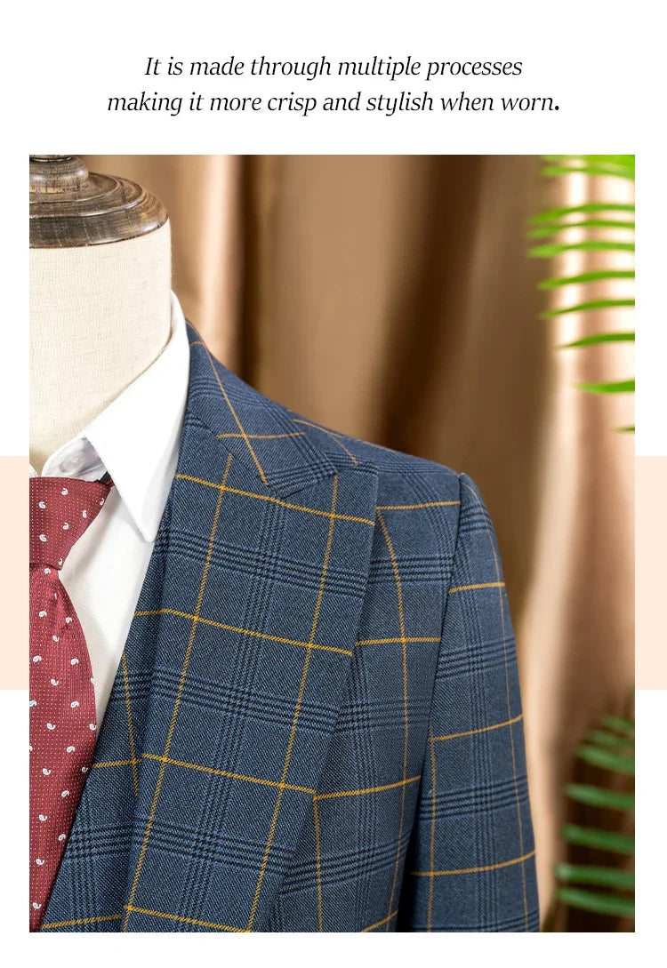 High quality 3 Piece Checkered Suit Set dark blue Stylish Business Office Wedding Formal Outfit Elegant full man dinner suit
