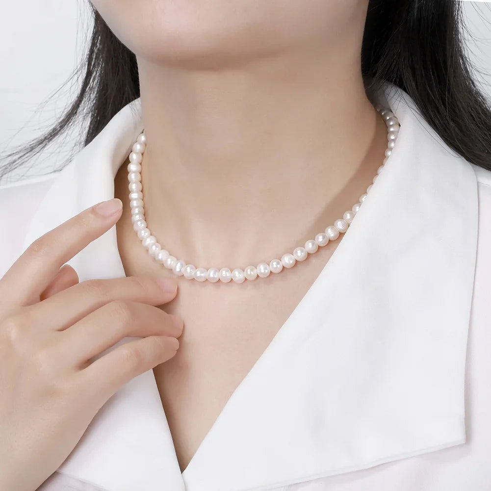 925 Sterling Silver Pearl Choker Necklace Handmade 5-6mm Handpicked Freashwater Pearl Chain for Women Jewelry GPN26