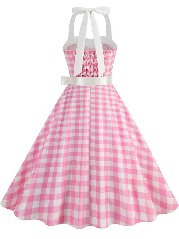 Women Summer Party Dress With Belt Polka Dot Print Halter Hepburn Robe 50s 60s Vintage Dresses