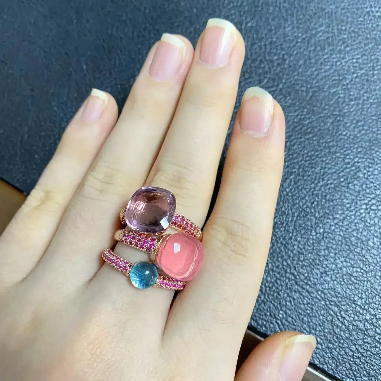 3Pcs/Set Nudo Ring Stacking Set for Women Mix Color Candy Crystal Inlay Zircon Amethyst Blue Topaz Round Jewelry Gift