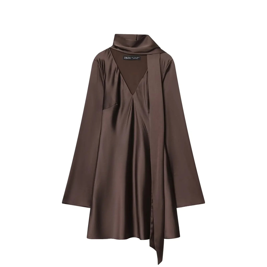 Women Fashion Satin Elegant Short Dress Summer Autumn New Long Sleeve Scarf V neck Mini Dress Female Elegant Party Dresses