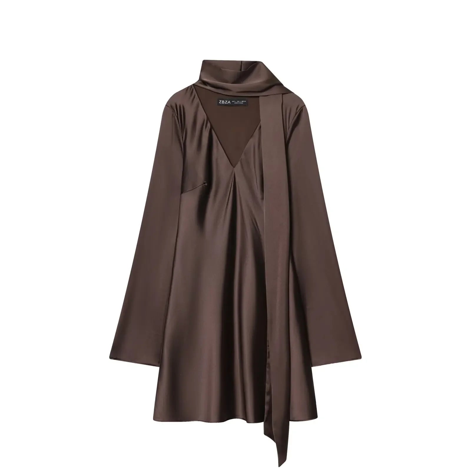 Women Fashion Satin Elegant Short Dress Summer Autumn New Long Sleeve Scarf V neck Mini Dress Female Elegant Party Dresses