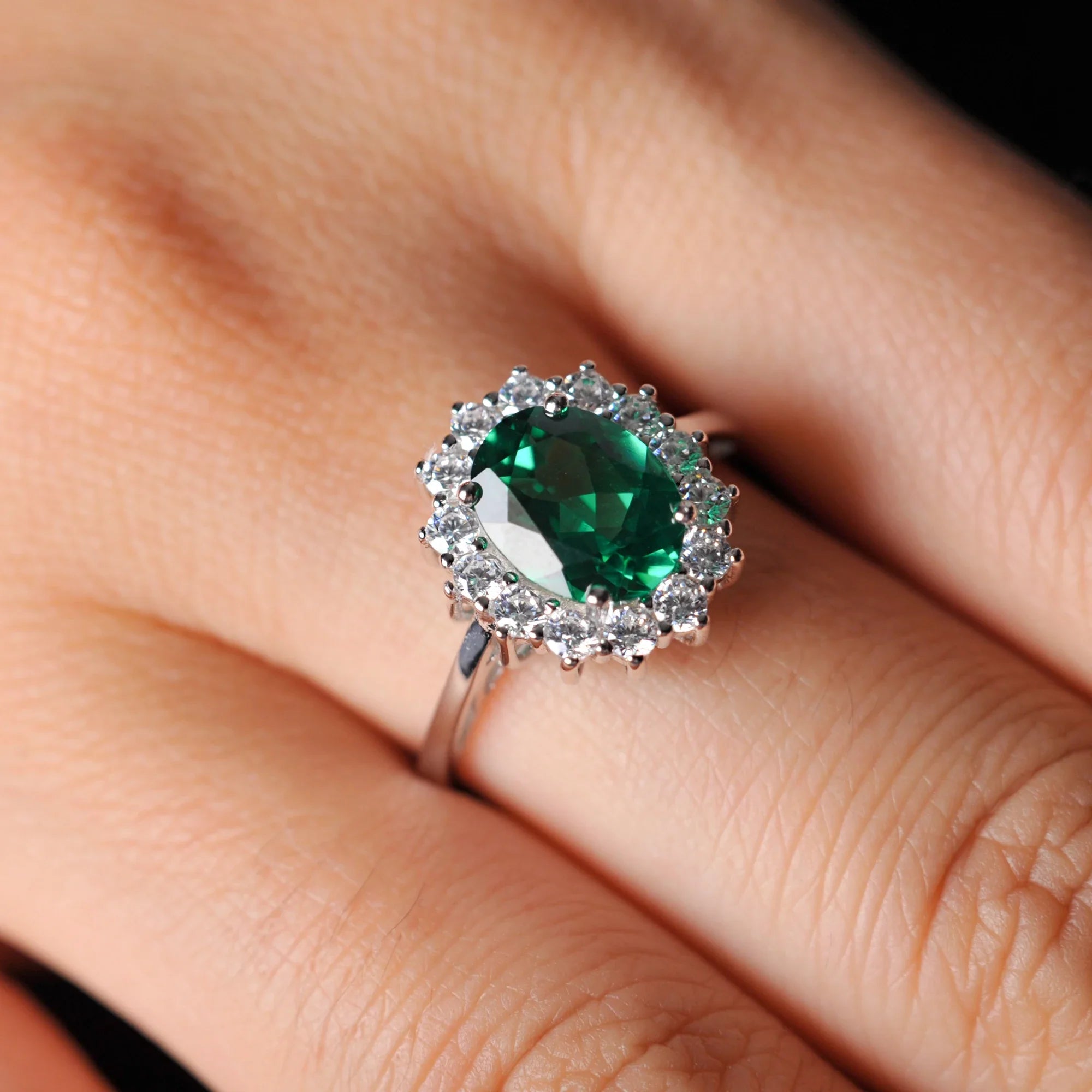 Halo Rings for Women Created Blue Sapphire Nano Emerald Red Ruby Princess Diana 2.67ct Oval Cut 925 Sterling Silver Rings