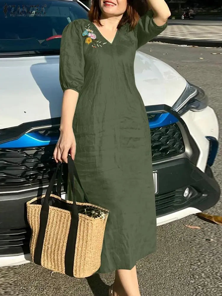 Women V Neck A-line Vestidos Solid Holiday Casual 2024 Summer Dresses Commute Half Sleeve Floral Embroidery Midi Dress