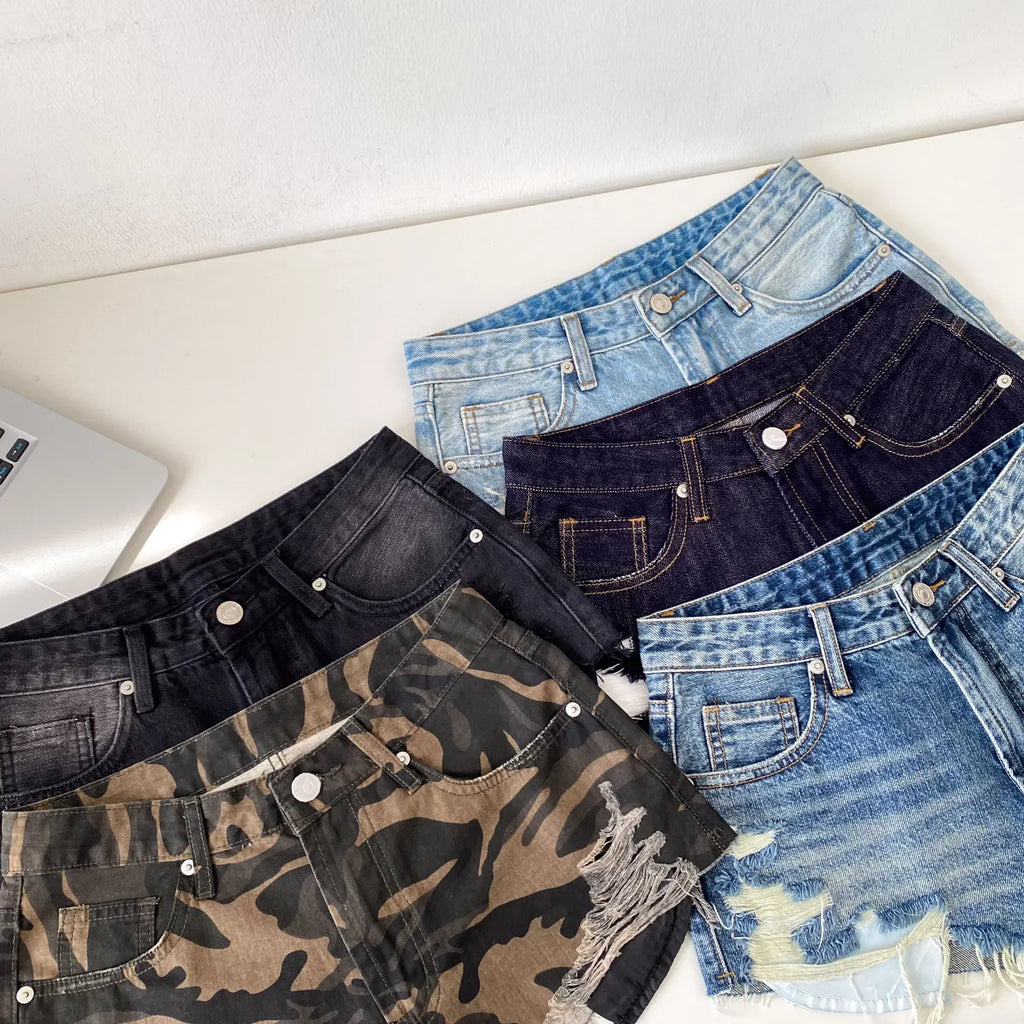 SINGREINY American Retro Camouflage Mini Shorts 2026 Ladies Hollow Out Slim Beach Pants Hot Girl Sexy Print Denim Shorts