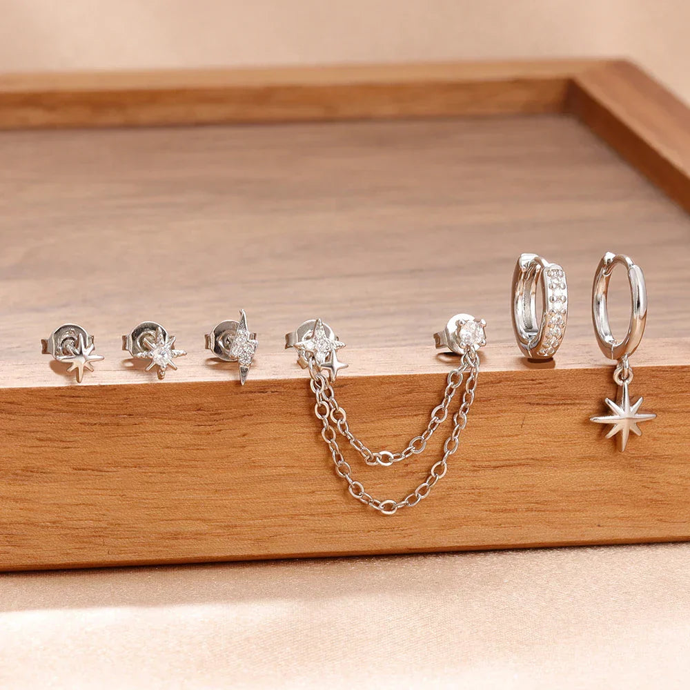 6PCS Fashion Cute Zircon Flower Ear Stud For Women Fashion 18K Gold Plated Star Ear Stud Earring Piercing Girl Set Jewelry Gift