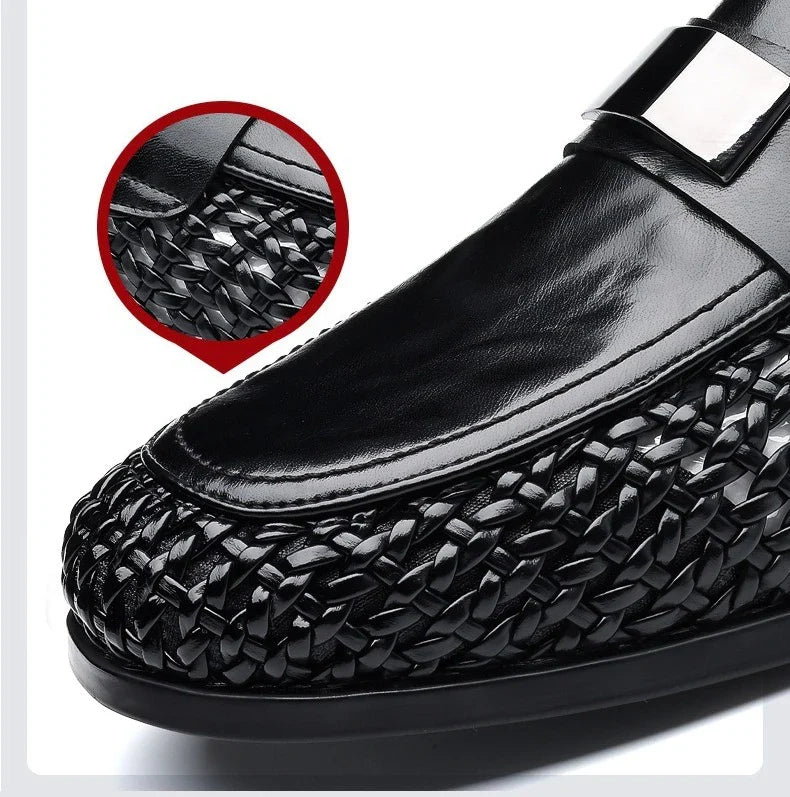 2026 Summer New Hallow Leather Shoes for Man Black Woven Breathable Elegant Shoes Man Fashion Business Loafers Male