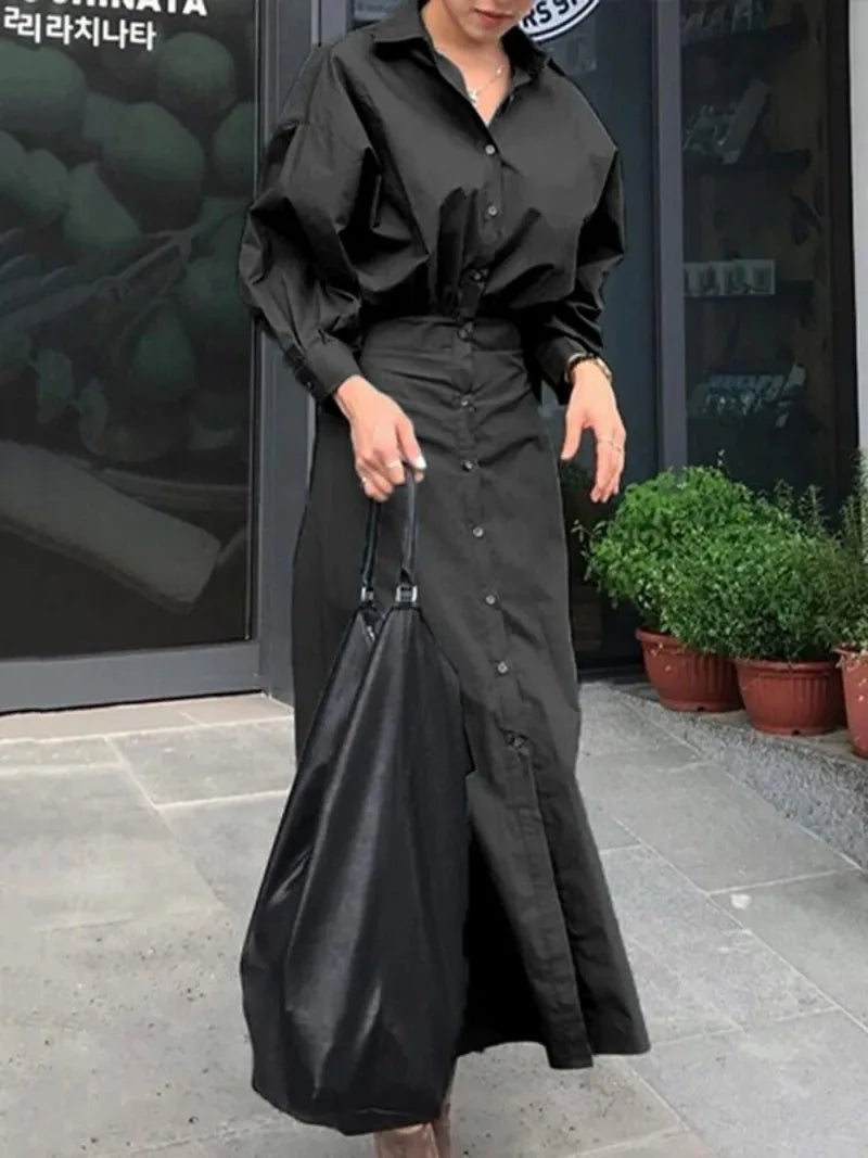 Women Casual Long Shirts Dresses 2025 Summer Spring Clothes Khaki Puff Sleeves Botton Simple Maxi Dresses for Women