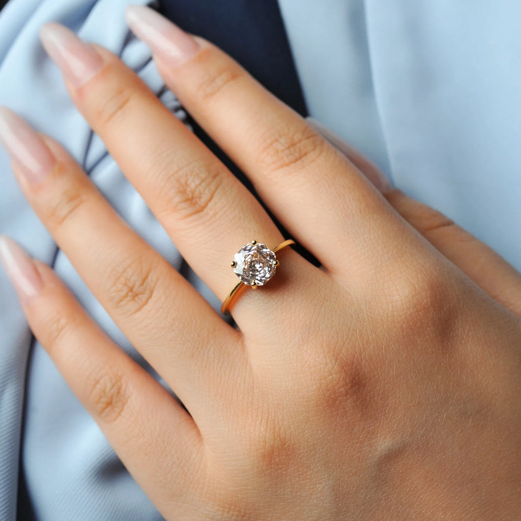 1.5ct 5A Octagon Rose Cut Cubic Zirconia Morganite Pink Solitaire Ring 18K Yellow Gold Plating 925 Sterling Silver