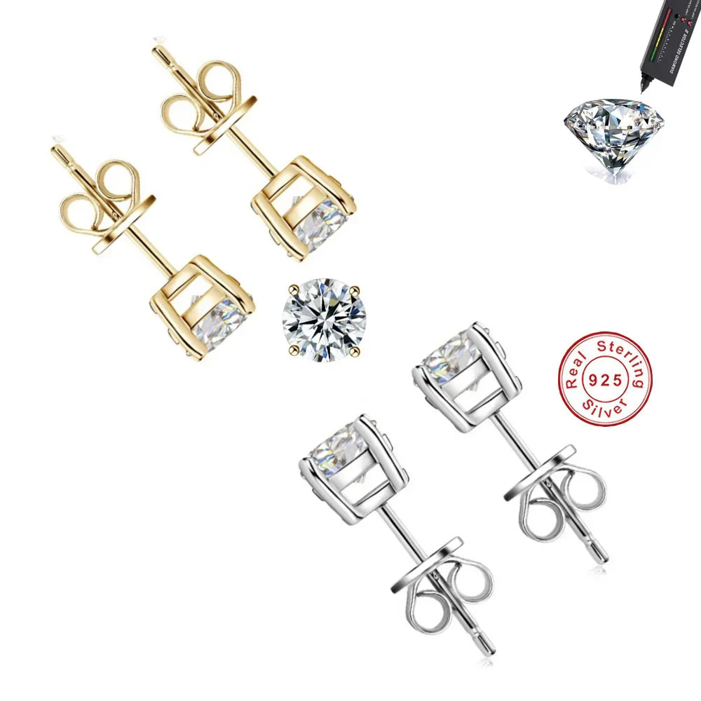 Classic Sterling Silver 925 Gold Silver Four Claw Stud Earrings for Women Weddings Birthdays Moissanite Jewelry Luxury Gift