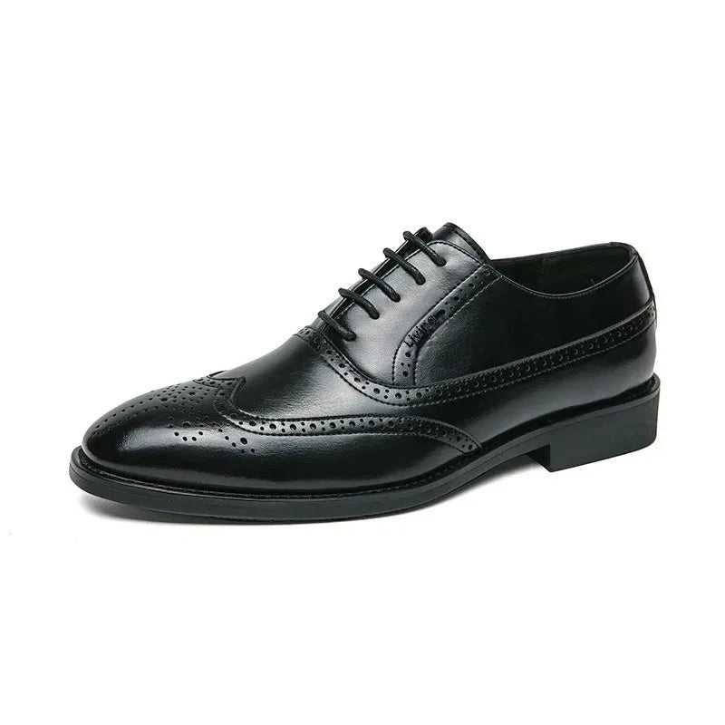 Spring Business Men's Shoes Brogue Wedding Office Professional Black Leather Oxford Shoes Sharp Nosed Rubber Bottom Adult Size
