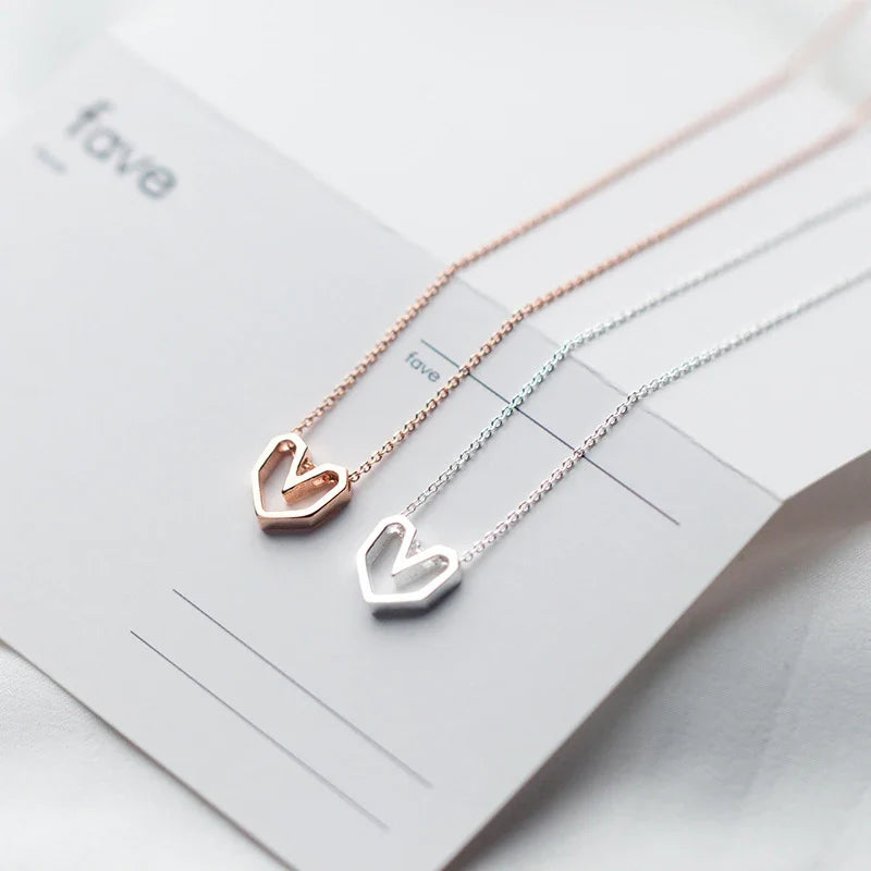 Rose Gold Color Geometric Heart Choker Necklace Charm Sexy 100% 925 Sterling Silver Pendant For Women Party Jewelry Gift