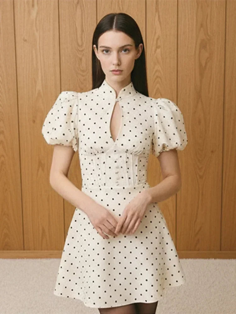 Retro Polka Dot Mini A-line Dress Elegant Stand Collar Puff Short Sleeve Waist-cinching Dresses 2026 New Lady Party Gowns