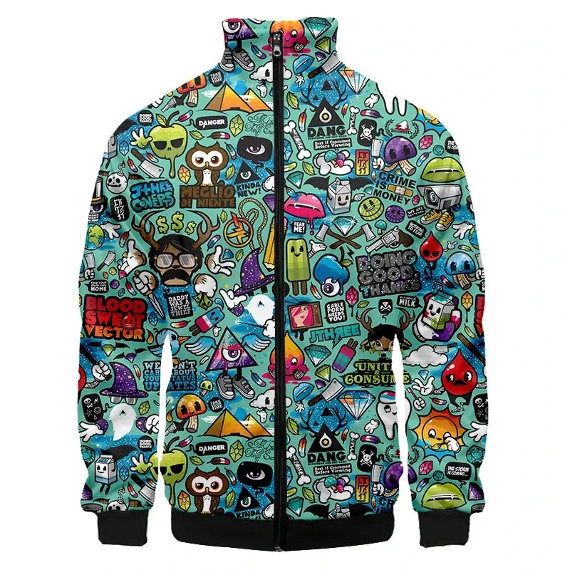Colorful Monster Graffiti Art Men's Plus Size 3D Jacket Sportswear Spring Stand-up Collar Zipper Sweater Baseball Jacket Men's