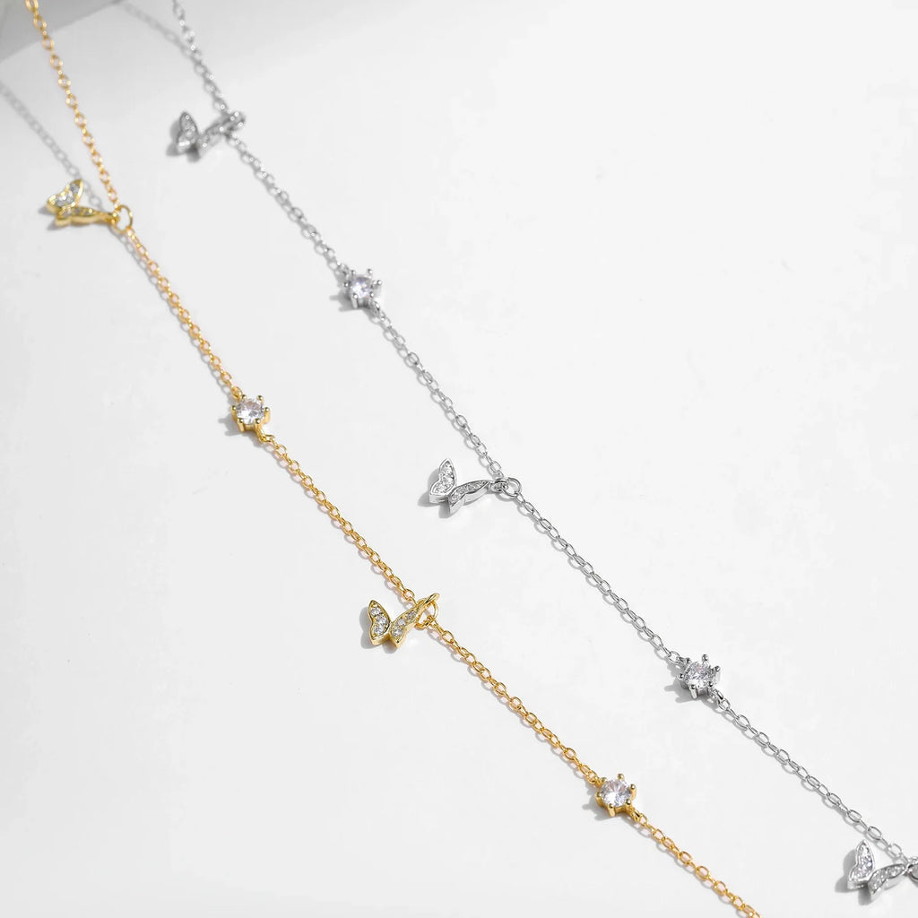 Flying Butterfly CZ Necklace 925 Sterling Silver Simple Link Chain Charms White Gold Plated Necklaces For Women Jewelry