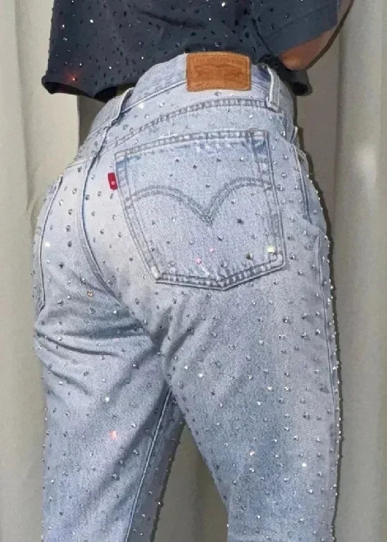 Fashion Rhinestone Sequin Jeans Y2K Pants Womens Gothic Hip Hop Pocket
