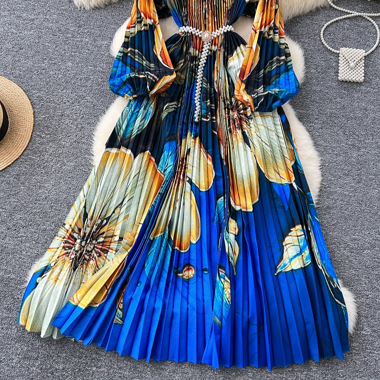 High-End Women's Dr Faionable Beaded round Ne Hollow out Pleated Lantern Sve Waist Cinched Floral Print Lon...